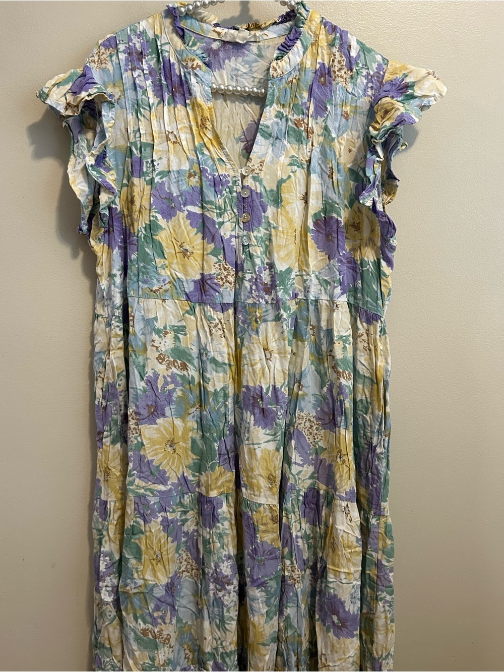 Entro Floral Ruffle Maxi Dress Women L Large Tiered Boho V-Neck Summer Flowy Sun